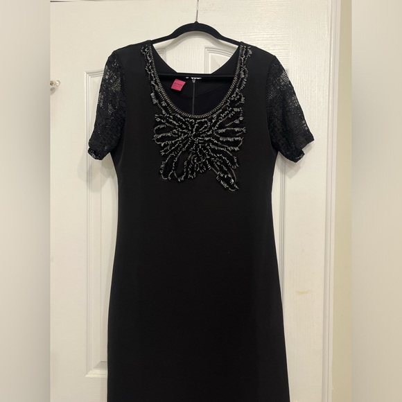 Black Beaded Short-Sleeve Midi Dress